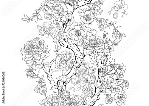 Blossom trees with rose  peony  chrysanthemum  Seamless pattern  background. Outline Vector illustration. In Chinoiserie  botanical style
