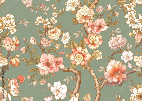 Blossom trees with rose, peony, chrysanthemum, Seamless pattern, background. Vector illustration. In Chinoiserie, botanical style