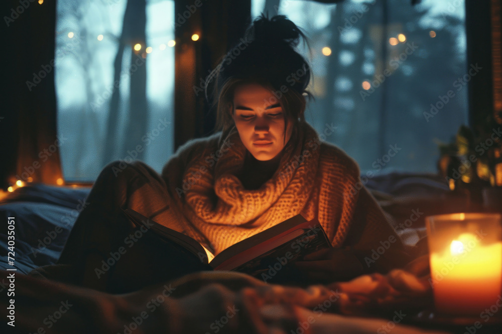 A woman is deeply absorbed in a book, illuminated by the gentle glow of a candle in a dimly lit, cozy room.
A woman is deeply absorbed in a book, illuminated by the gentle glow of a candle in a dimly lit, cozy room.