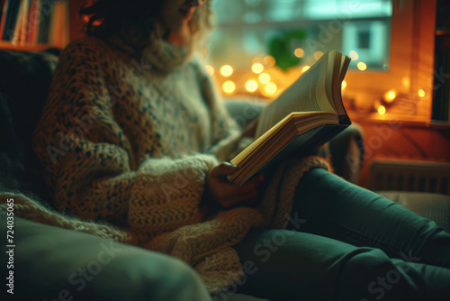 A person is enveloped in a cozy atmosphere, engrossed in a book with warm ambient lighting enhancing the comfortable setting. 