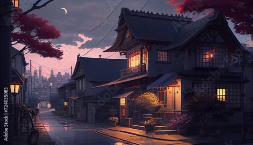 A beautiful japanese tokyo city town in the evening. houses at the street illustration of Background, Ai generated image