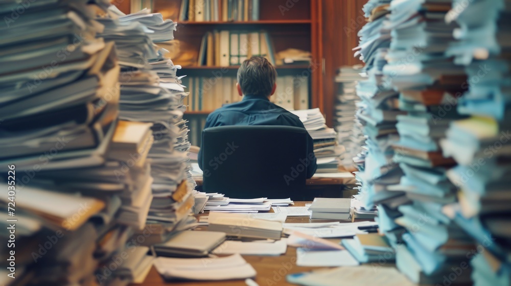 Overloaded office worker surrounded by stacks paperwork, desk covered with papers, looking on documents, office completely filled folders - obrazy, fototapety, plakaty 