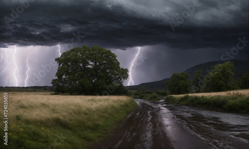 rain cloud with lightning landscape panorama