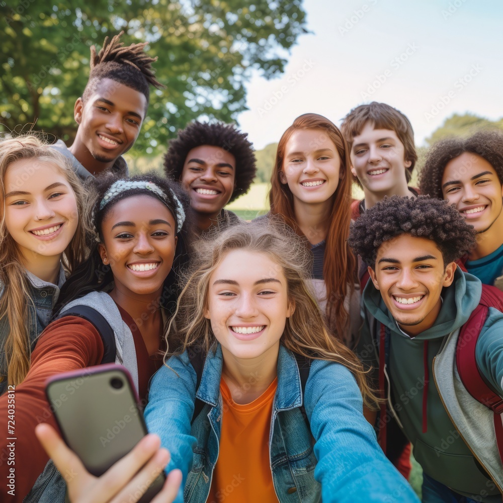 Fototapeta premium A group of diverse teenagers take a selfie together outdoors