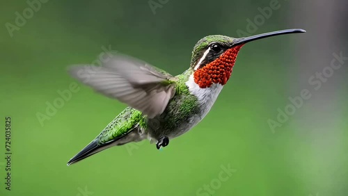 Flying ruby-throated hummingbird on blur green backgro, generative ai photo