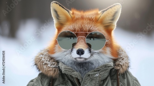 A charming fox in a winter coat and reflective sunglasses, in a snowy landscape