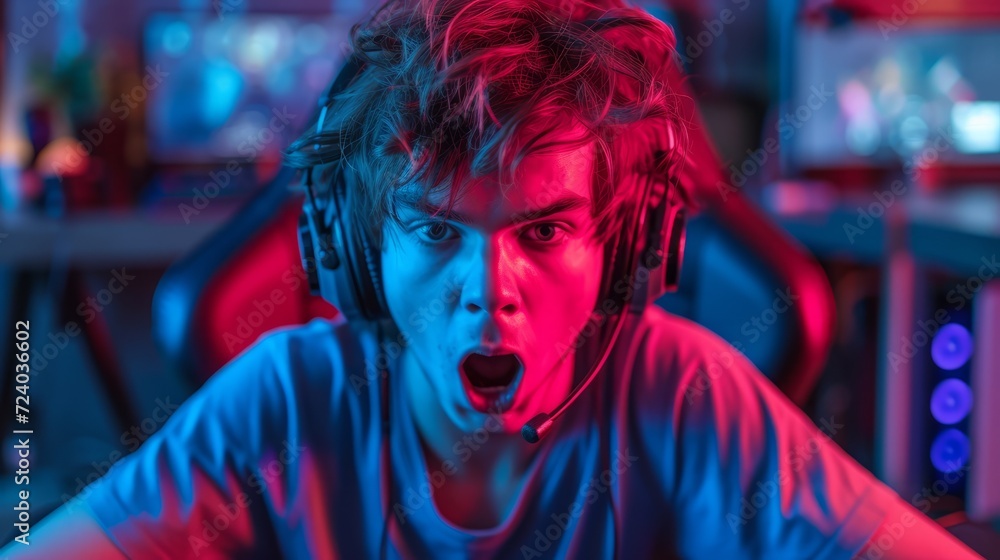 Young gamer with headphones and open mouth in front of a computer screen Young gamer with headphones and open mouth in front of a computer screen
