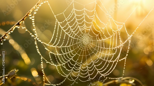 A close-up of a dewy spider web in the early morning light, with intricate details and natural beauty