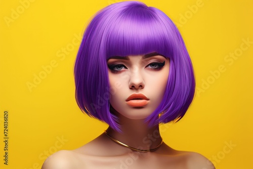 Beautiful woman with purple hair. Woman With Multi-colored Hair on a yellow background. Fashionable woman. Fashion, cosmetics and makeup