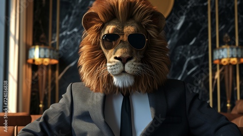A confident lion wearing a tailored suit and sunglasses, posing in a luxurious office setting