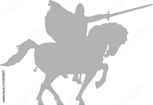 Silhouette of the bronze statue of the Cid Campeador on horseback in Burgos Spain. With his sword and cape flying in the wind, the statue with his horse Babieca has an attitude of fighting and victory
