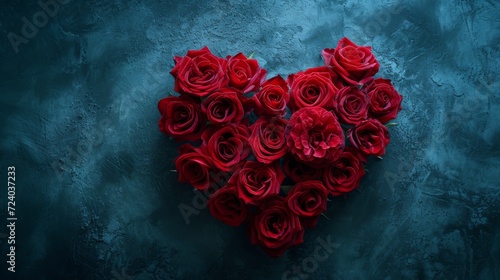 A high-fashion, editorial style image of a heart made of red roses, with a luxurious, moody background