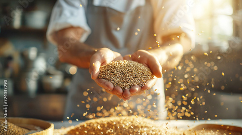 Fototapeta Naklejka Na Ścianę i Meble -  Seeds, legumes in the hands of a seller at the market, close-up.