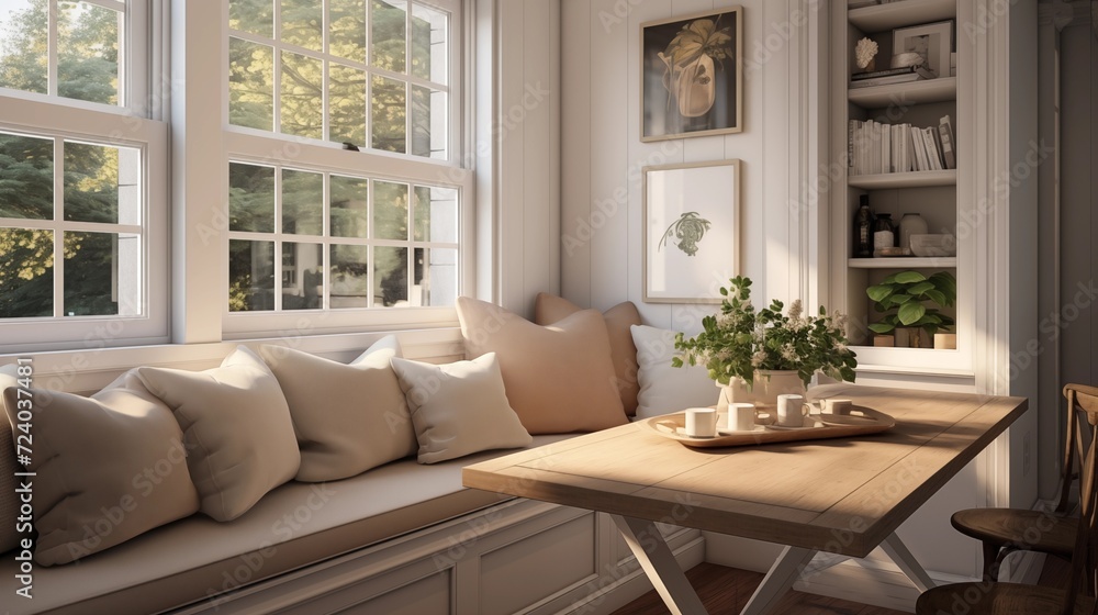 Fototapeta premium Create a cozy atmosphere with a built-in window seat and plush cushions along the dining nook