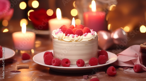 Festive dessert adorned with cream,raspberries,greens,heart,accompanied by burning candles background. Romantic, charming ,embodying concept sweet gift for Valentine s Day,birthdays,other celebrations