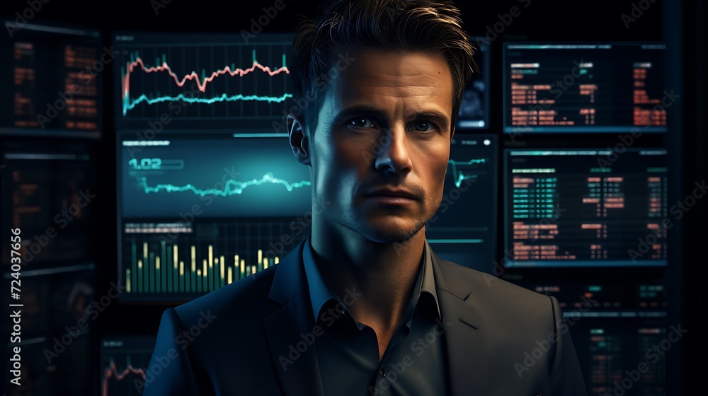 Portrait of a young handsome businessman in a suit against the background of the stock exchange. Portrait of a young handsome businessman in a suit against the background of the stock exchange.