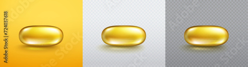 Vitamin E, D or omega 3 fish oil capsule isolated on yellow and transparent backgrounds. Golden 3d antibiotic gel pill icon. Vector gold realistic serum oval sphere of collagen essence