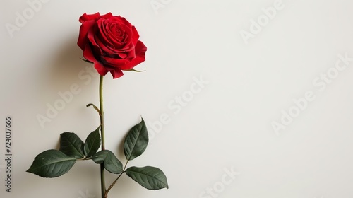 A minimalist composition of a single red rose against a white background