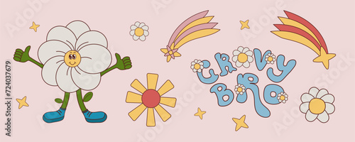 Vintage characters and elements with 70s hippie style set. Cute stickers or badges in a trendy psychedelic style. Fruits, mushrooms, rainbow, inscription in cartoon groove style. Vector illustration.