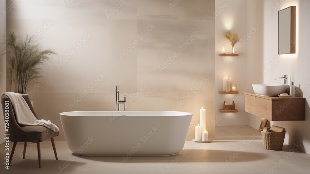 Create a spa-like atmosphere with a freestanding bathtub, ambient lighting, and calming neutral tones Create a spa-like atmosphere with a freestanding bathtub, ambient lighting, and calming neutral tones