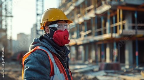 photography, A construction worker in a red safety mask on a busy construction site, diligent, harsh sunlight, wide-angle shot.