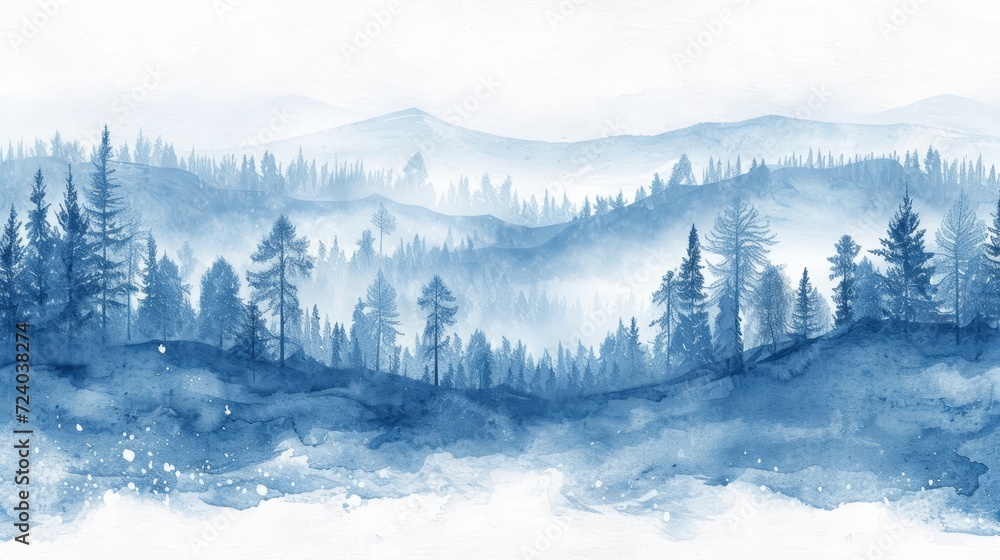 Blue watercolor landscape of mountains and pine trees