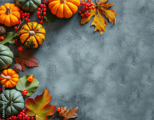 Flat lay autumn composition with copy space, pumpkins, berries and leaves on a grey background. 
