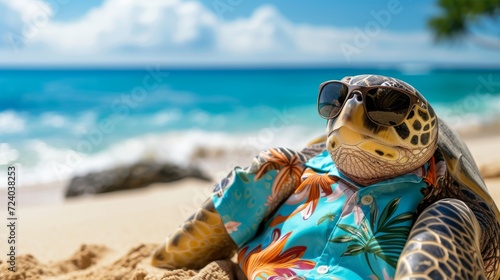 A serene turtle in a Hawaiian shirt and sunglasses, lounging on a tropical beach © furyon