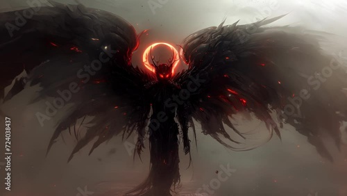 A shadowy seraph with glowing red eyes its wings made of rusted metal and its halo flickering in and out of existence. photo