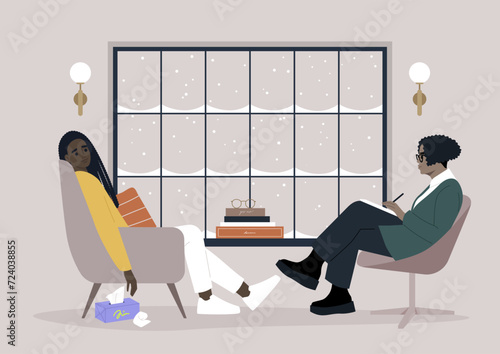 A psychotherapy session unfolds in a comfortably furnished office, addressing mental health issues, a safe and supportive environment for individuals seeking assistance and guidance