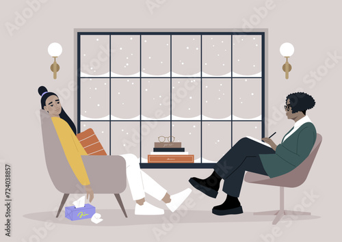 A psychotherapy session unfolds in a comfortably furnished office, addressing mental health issues, a safe and supportive environment for individuals seeking assistance and guidance