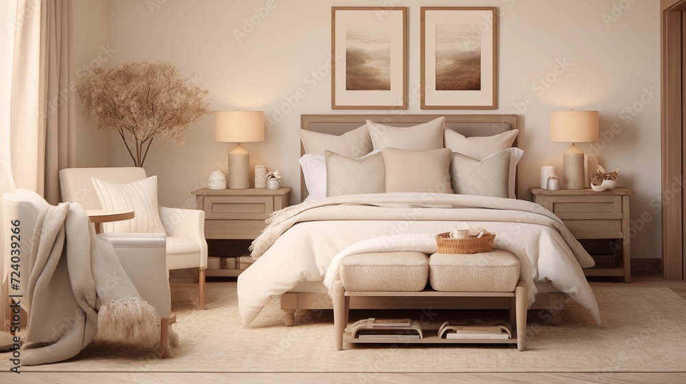 Design a serene guest room with a neutral color palette, plush bedding, and comfortable furnishings