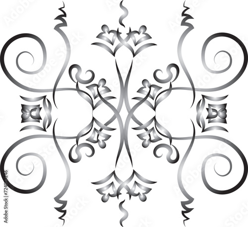Graphic symmetrical fantasy ornament with flowers. Silver gradient. Large bright ornament of curls and flowers on a transparent background