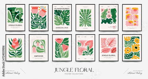 Abstract floral posters template. Modern trendy Matisse minimal style. Tropical jungle. Hand drawn design for wallpaper, wall decor, print, postcard, cover, template, banner.