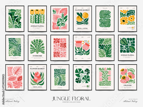 Abstract floral posters template. Modern trendy Matisse minimal style. Tropical jungle. Hand drawn design for wallpaper, wall decor, print, postcard, cover, template, banner.