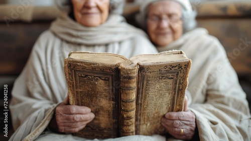 Two elderly women reading a book