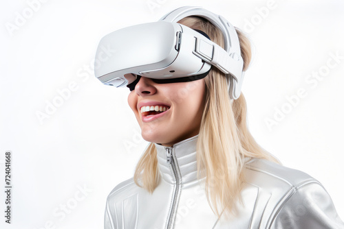 Young woman in virtual reality glasses on white background.