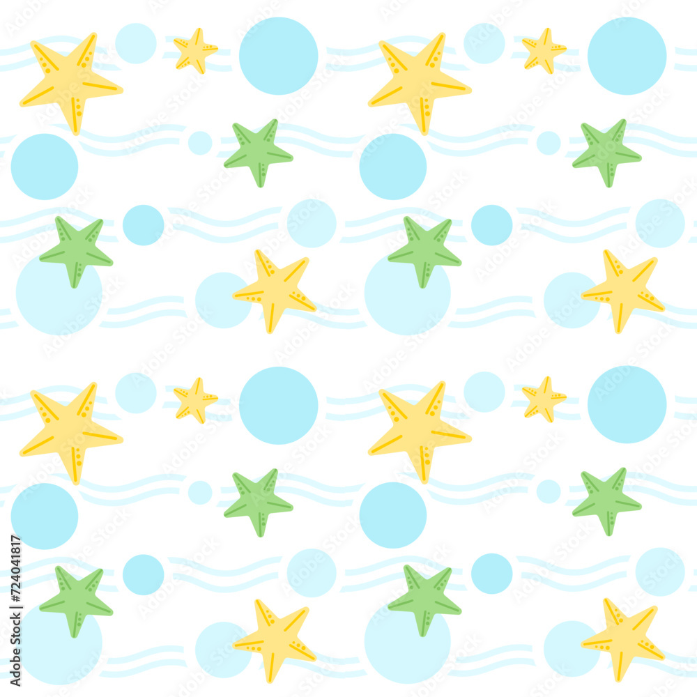 Summer seamless pattern with starfish, season, waves, sea, underwater background for design or decoration Summer seamless pattern with starfish, season, waves, sea, underwater background for design or decoration