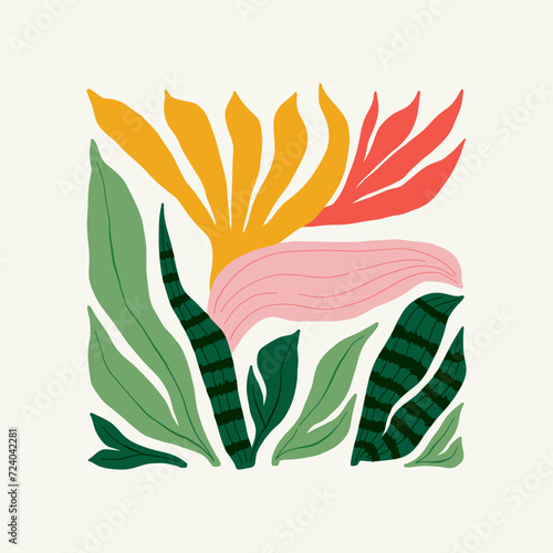 Floral abstract elements. Tropical Botanical composition. Modern trendy Matisse minimal style. Floral poster, invite. Vector arrangements for greeting card or invitation design