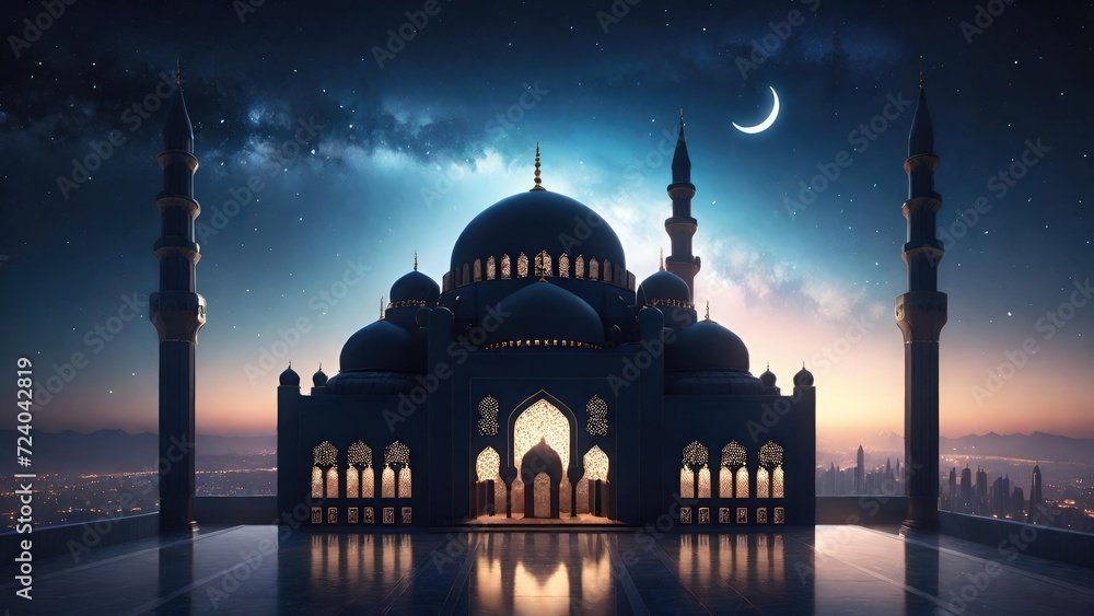 Silhouette of a Big Mosque Under Starry Night. Suitable for Ramadan concept, Islamic concept, Greeting card, Wallpaper, Background, Illustration, etc  - obrazy, fototapety, plakaty 