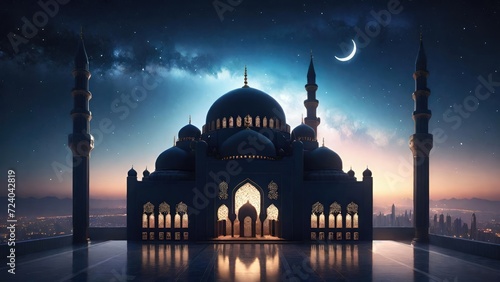Silhouette of a Big Mosque Under Starry Night. Suitable for Ramadan concept, Islamic concept, Greeting card, Wallpaper, Background, Illustration, etc  photo