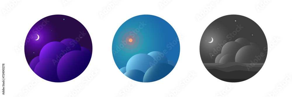 Set of day and night landscape weather flat icons Set of day and night landscape weather flat icons