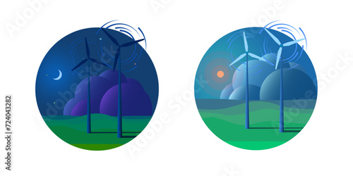 Set of environment and ecology flat circle icon vector. Landscape with windmill illustration. Recycle clear and pure enegry. Save world. World day	