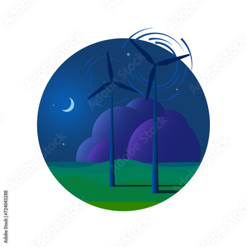 Environment and ecology flat circle icon vector. Landscape with windmill illustration. Recycle clear and pure enegry. Save world. World day