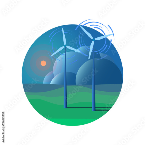 Environment and ecology flat circle icon vector. Landscape with windmill illustration. Recycle clear and pure enegry. Save world. World day