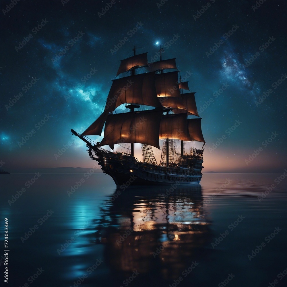 Silent Voyage: A Majestic Ship Sailing Across the Mystical Ocean on a Serene Night