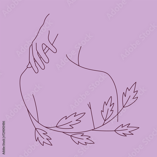 Minimalistic drawing of a woman's back and arm with a twig and leaves. Line style drawing. Elegant drawing of a female body.