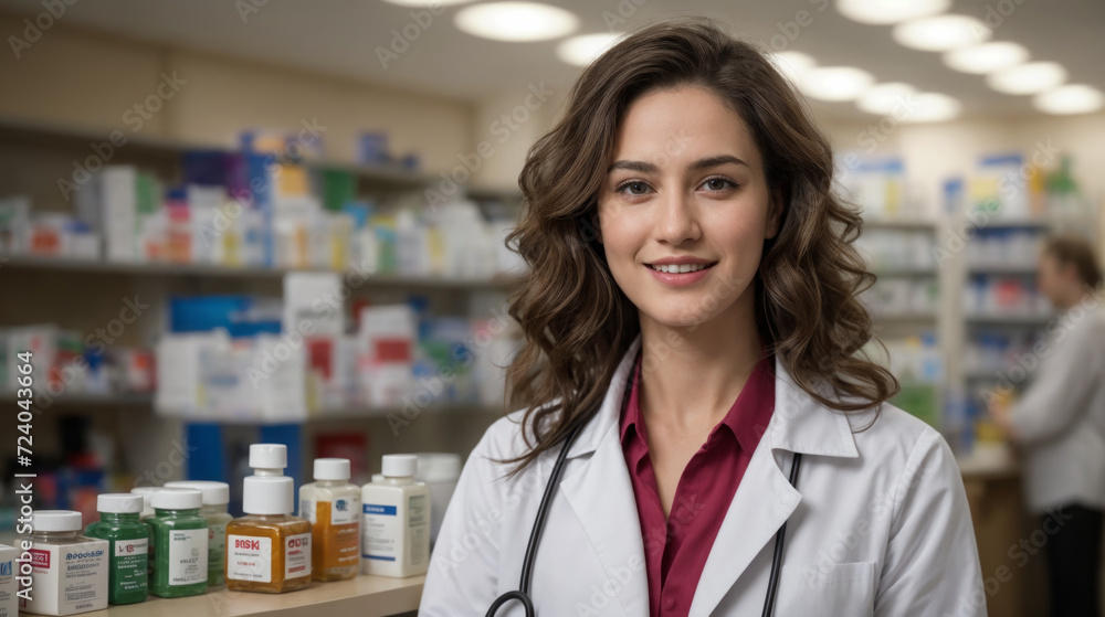 A pharmacist in a pharmacy in a white coat against the background of a display case with various medicines, vitamins and antibiotics
