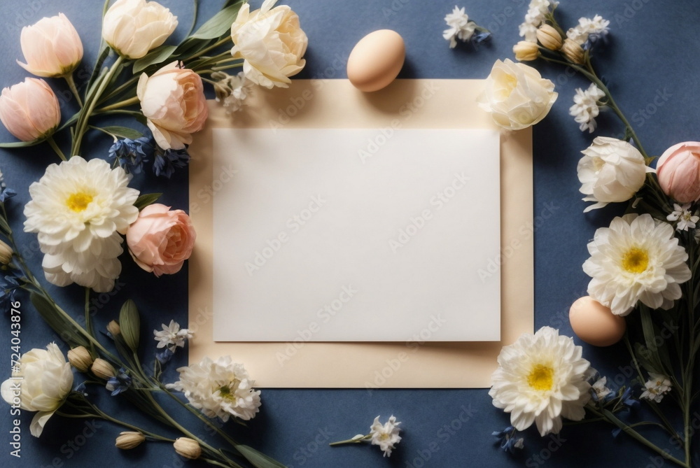 Easter background with greeting card mockup, empty blank paper , Easter eggs, flowers, decor neutral colors on blue background top view flatlay. Copy space.Beautiful Easter composition.