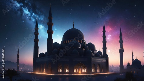 Night Sky Silhouette of a Big Mosque. Suitable for Ramadan concept, Islamic concept, Greeting card, Wallpaper, Background, Illustration, etc  © dreambender